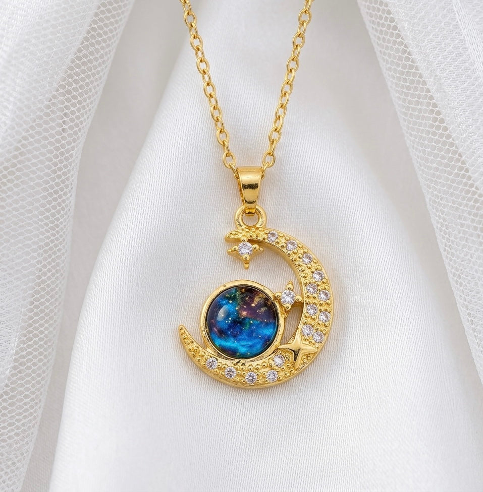 Celestial Moon & Galaxy Pendant Necklace