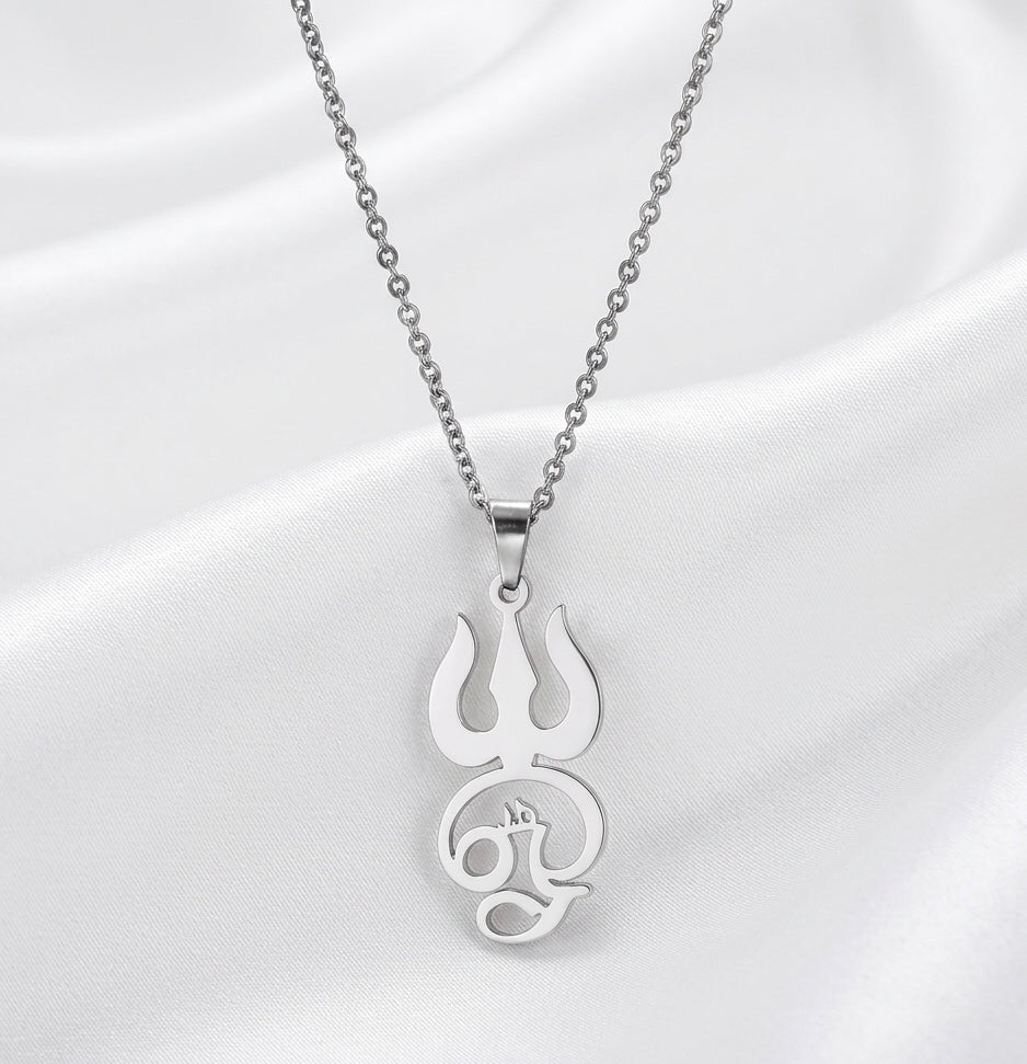Silver Om Trishul Pendant Necklace
