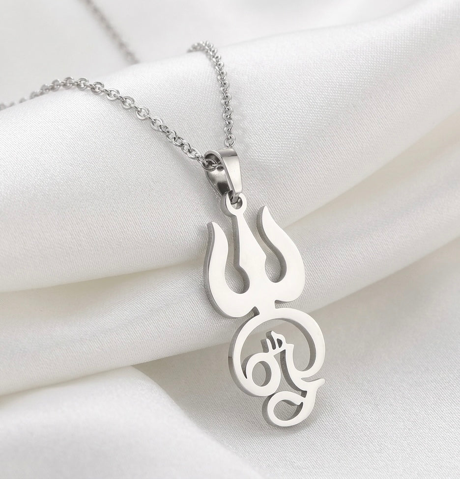 Silver Om Trishul Pendant Necklace