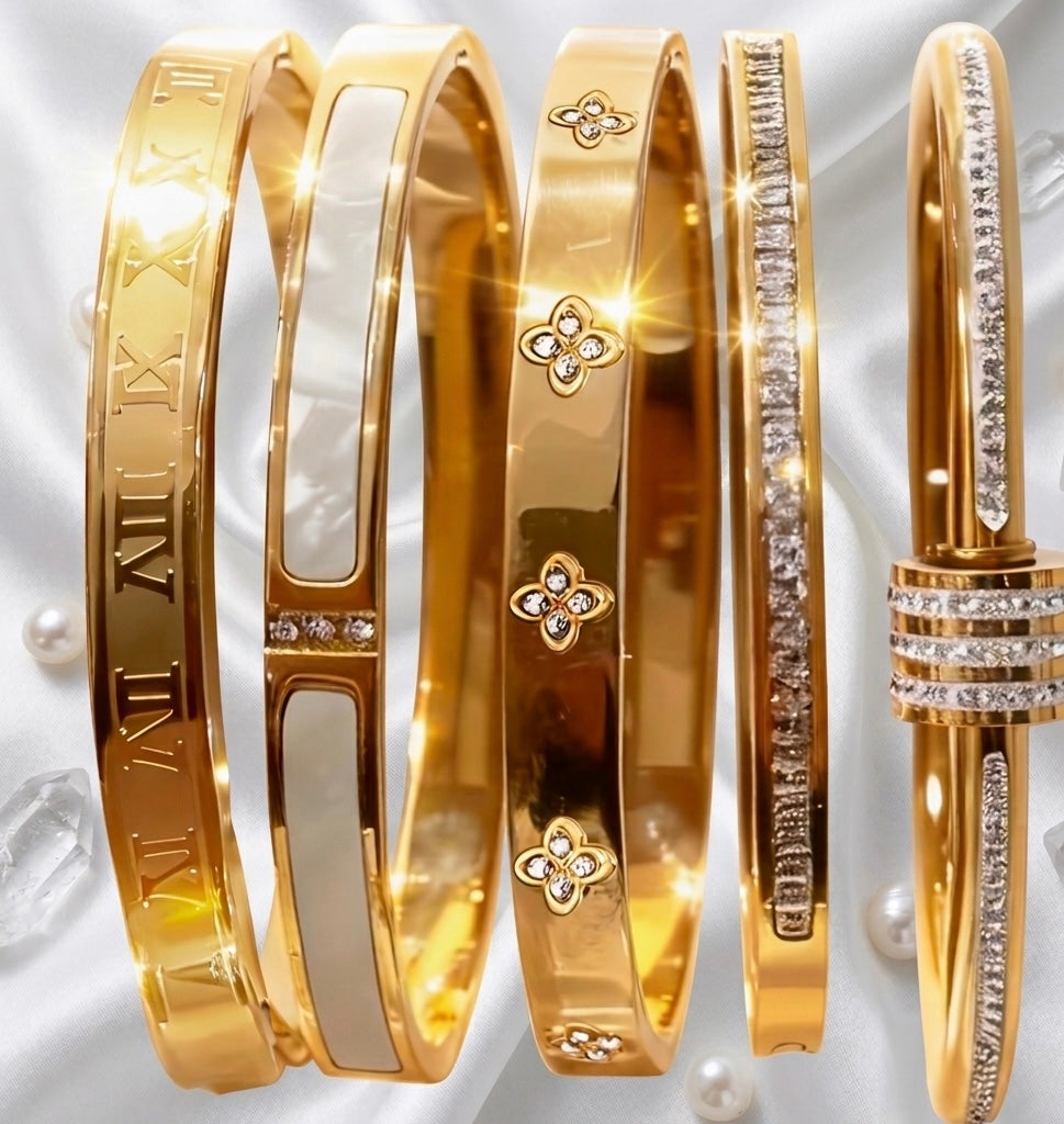 5pcs 18K Gold Plated 304 Stainless Steel Stackable Bracelets