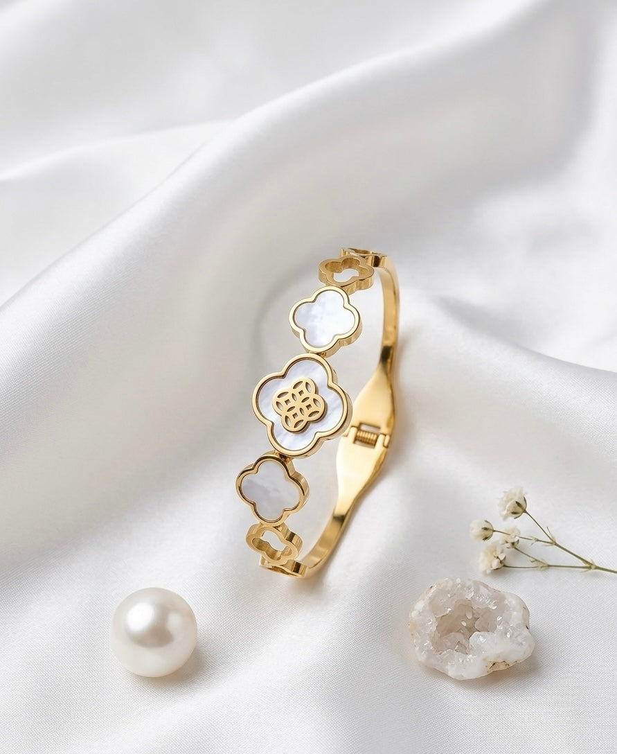 Gold Mother of Pearl Clover Cuff Bracelet
