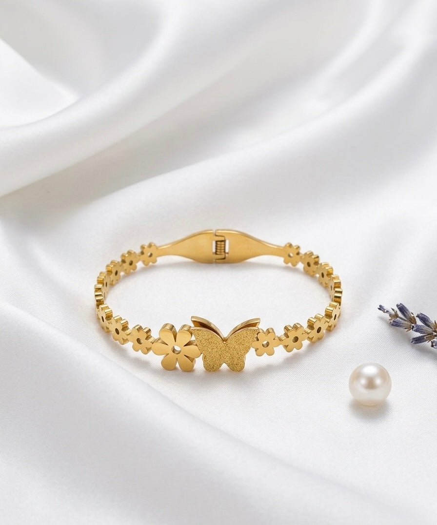 Gold Butterfly & Daisy Chain Cuff Bracelet